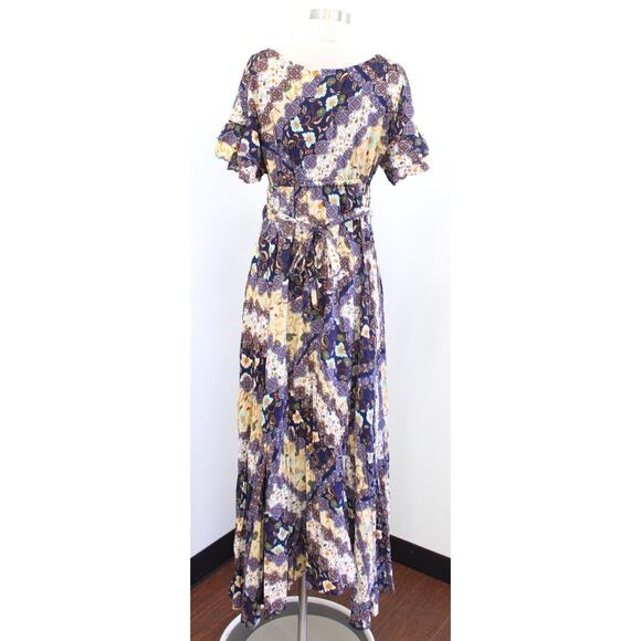 Abel the Label Navy Blue Floral Asymmetrical Hem Maxi Dress Size M Tie Waist - Picture 6 of 6